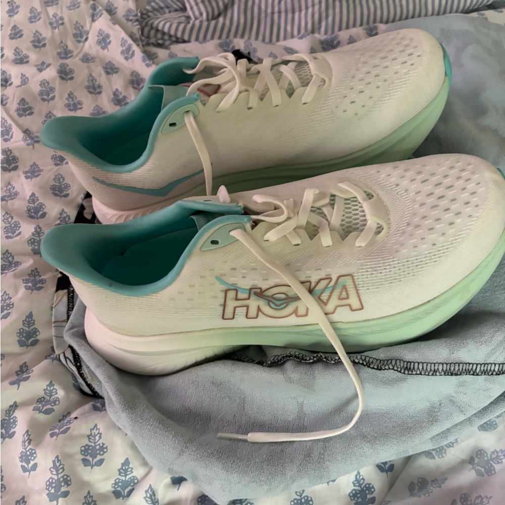 Hoka White Teal Athletic Shoes with Cushioned Sole